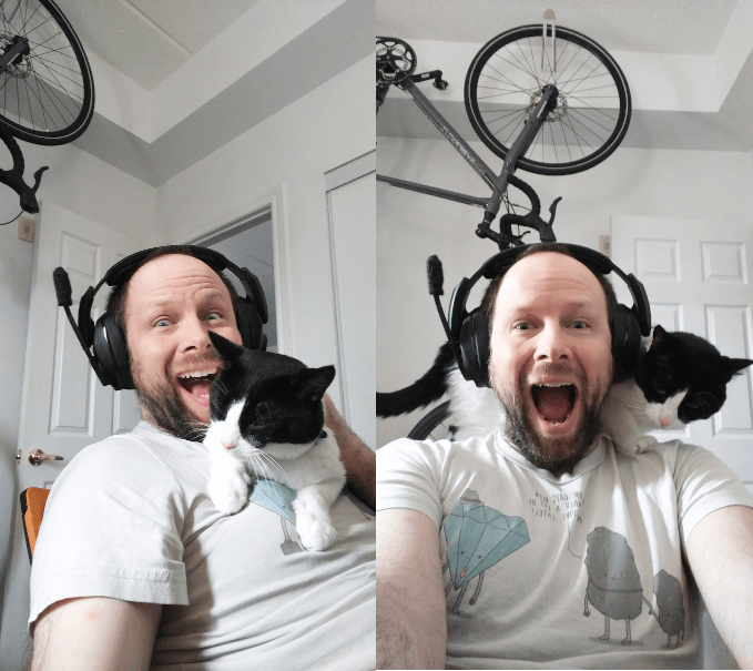 Jacob is visited by his cat who patrols around his shoulders.